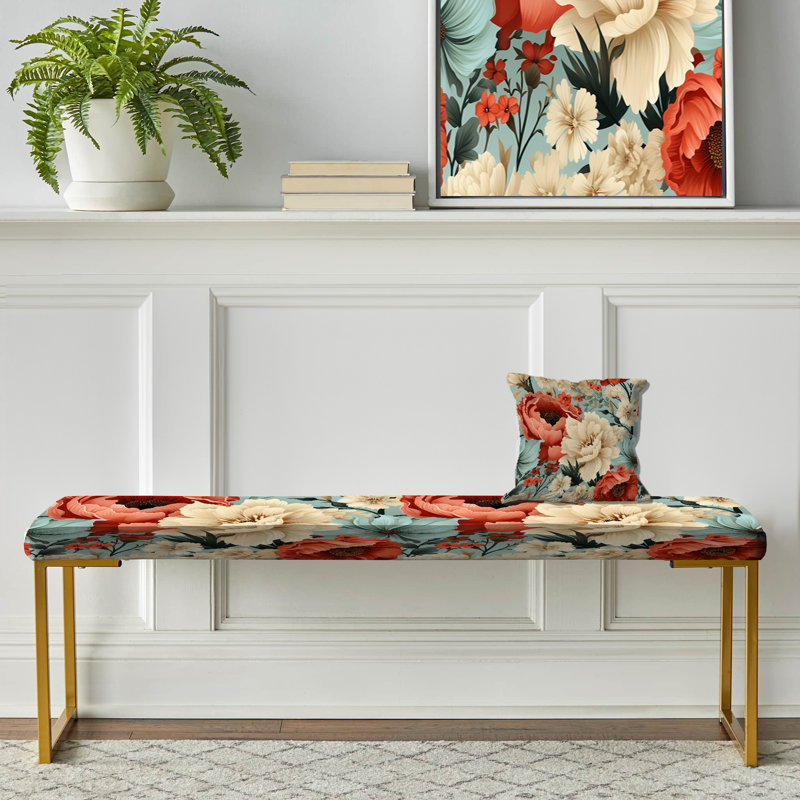 Upholstered Gold Bench, Coral Boho Floral Harmony