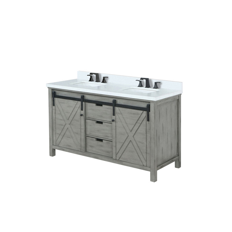 Meuble-lavabo double gris cendré 60 po X P 22 po D, ensemble de comptoir et robinet en marbre de culture, Bois de frêne gris