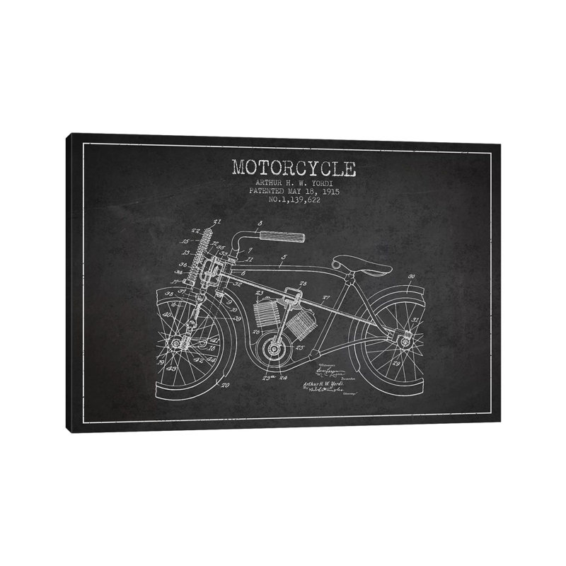 Arthur H.W. Yordi Motorcycle Patent Sketch (Charcoal) by Aged Pixel - Wrapped Canvas Gallery-Wrapped Canvas Giclée