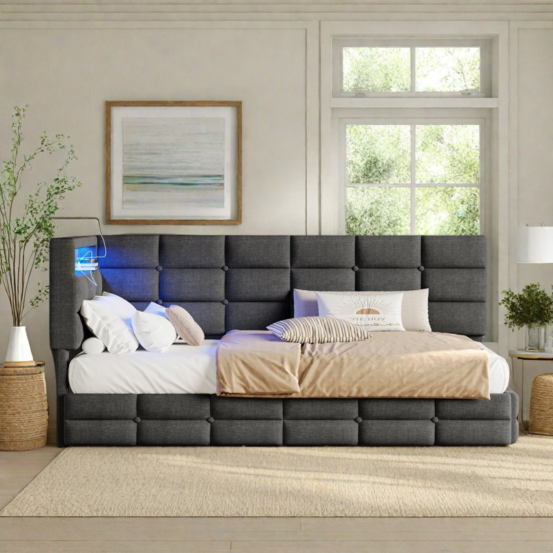 2 Drawers Upholstered Corner Daybed With Lights And Outlets, Black