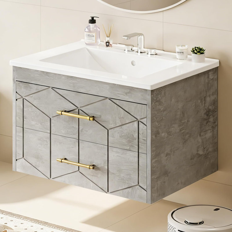 Meuble-lavabo mural moderne 30 po avec lavabo, meuble-lavabo mural moderne avec plateau en céramique et 2 tiroirs, gris, Gris
