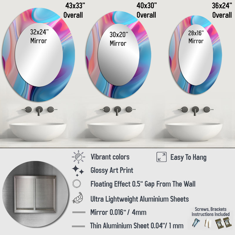 Transitional Blue And Pink Shapes I - Modern Oval Wall Mirror, 43" x 33"