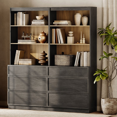Modern 72" Tall Bookshelf with 6 Drawers and Open Book Shelves, Library Bookcase with Storage Cabinet, Wood Freestanding Book shelf for Home Office, L
