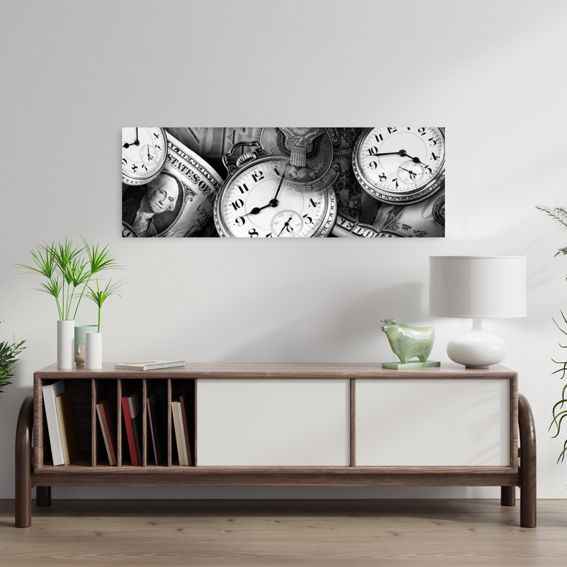 Horloges et billets d'un dollar, art contemporain abstrait, H 36 po x l 12 po