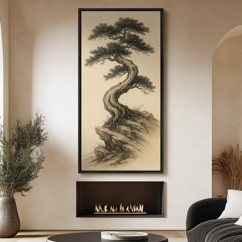 Impression sur toile encadrée, art traditionnel pin chinois traditionnel, Noir, H 60 po x l 30 po