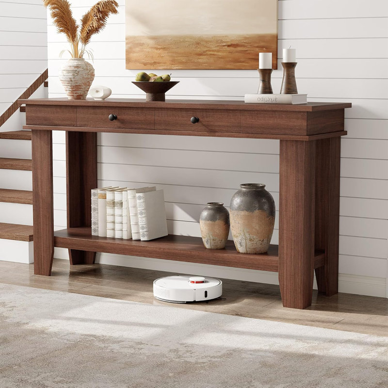 Farmhouse Console Table for Behind Couch, 54-Inch Long Entryway Table with Drawers & Open Storage Shelf, Brown