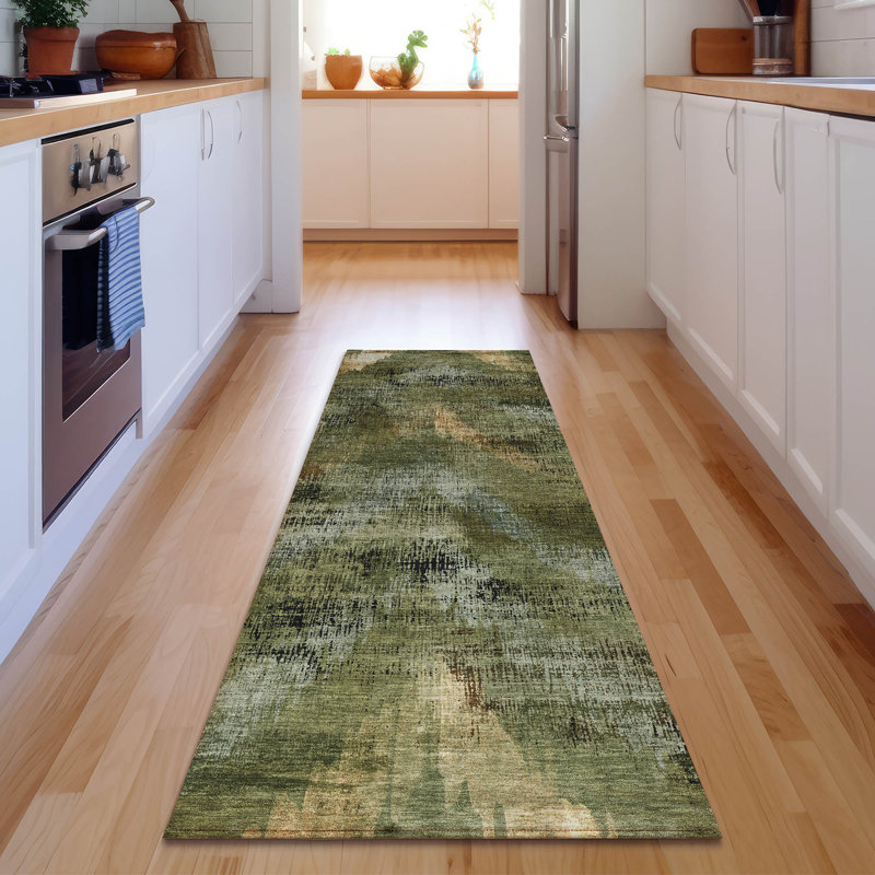 Premium Machine Washable Prisco Olive Rug, Runner 2'3" x 7'6"