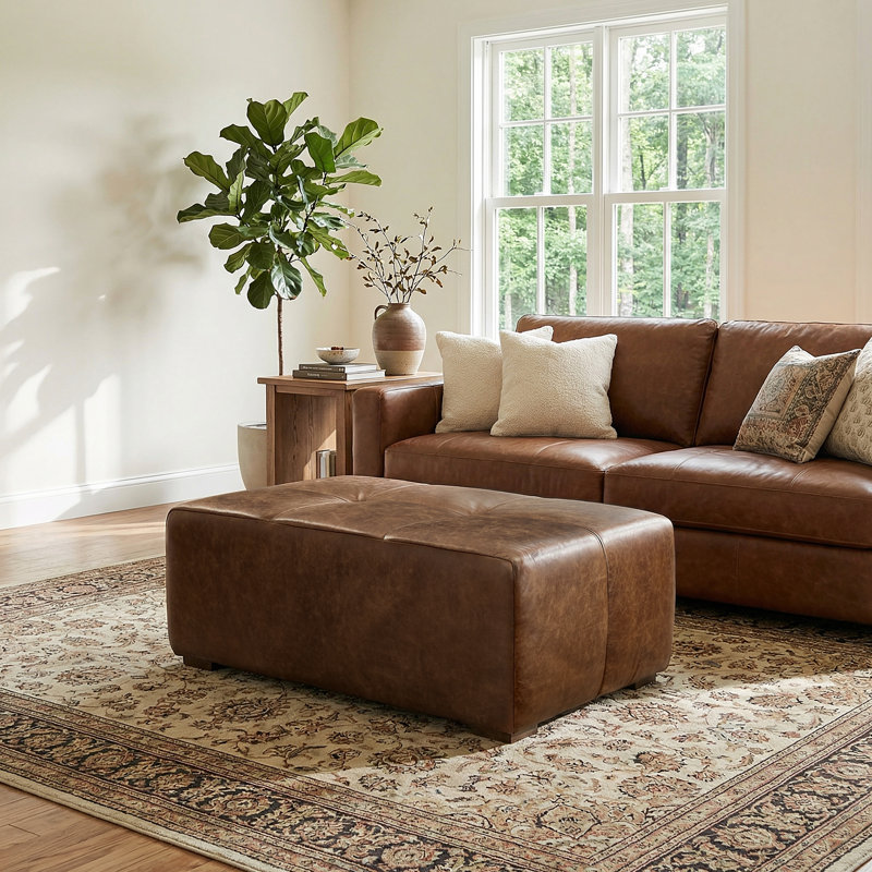 40.5" Wide Full-Grain Genuine Leather Standard Square Cocktail Ottoman, Dark Brown