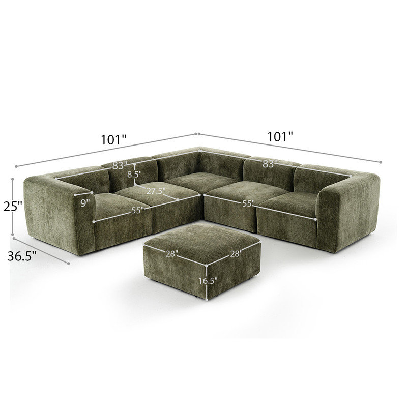 Confesor Chenille Modular L-Shaped Sectional Sofa With Ottoman, Green Chenille
