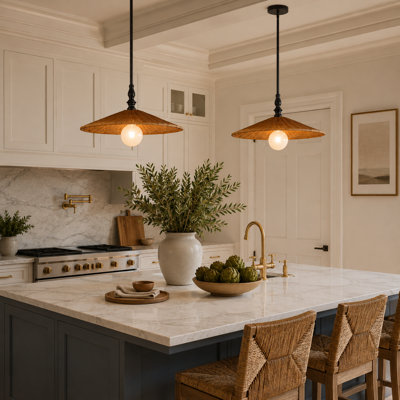 18-in Black Pendant with Natural Rattan Shade