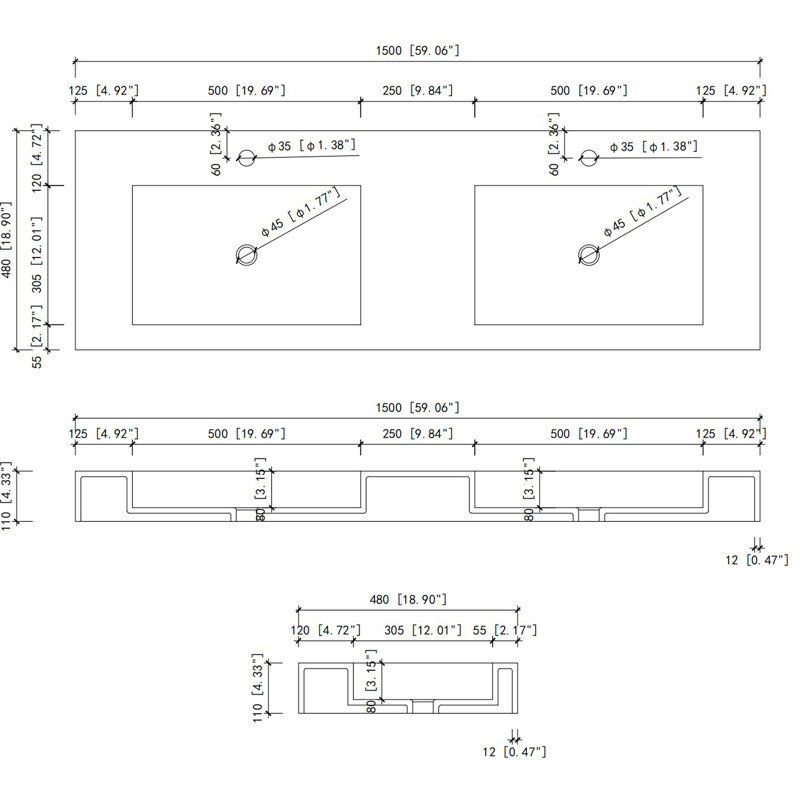 Meuble-lavabo de salle de bain en surface solide en résine de pierre - profondeur 58,42 po, largeur 18,47 po, hauteur 4,25 po adaptable à la configuration requise, finition égratignée, bassin de décoration élégant de rayures profondes, larges, 70,77 lb,