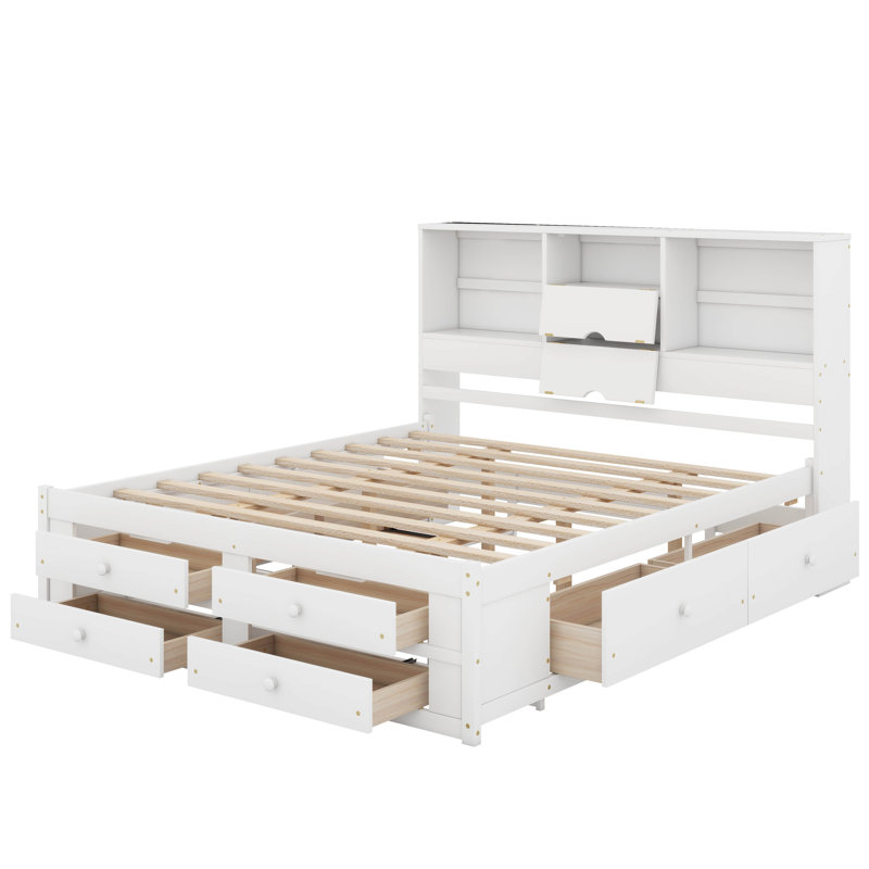 Lit plateforme très grand avec tête de lit et tiroirs de rangement, Blanc
