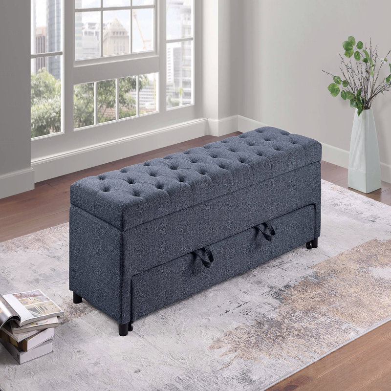 Repose-pieds capitonné bleu et gris avec fonction de rangement et tiroir sous le siège, capitonné, Bleu gris