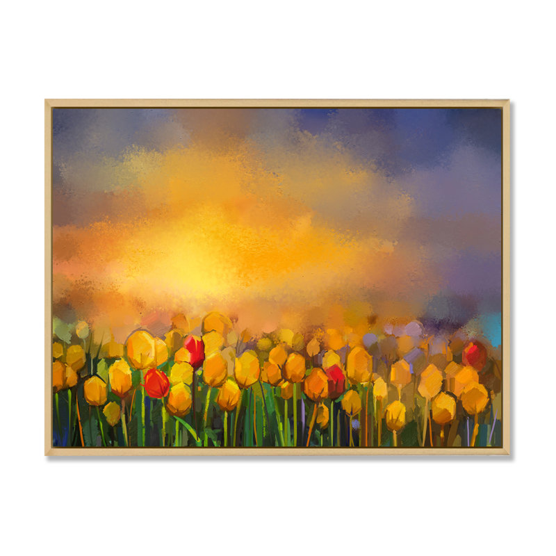 «Yellow Tulips Field On Mystic Sunrise», reproduction sur toile flottante, H 24 po x l 36 po x P 1 po, Cadre flottant brun