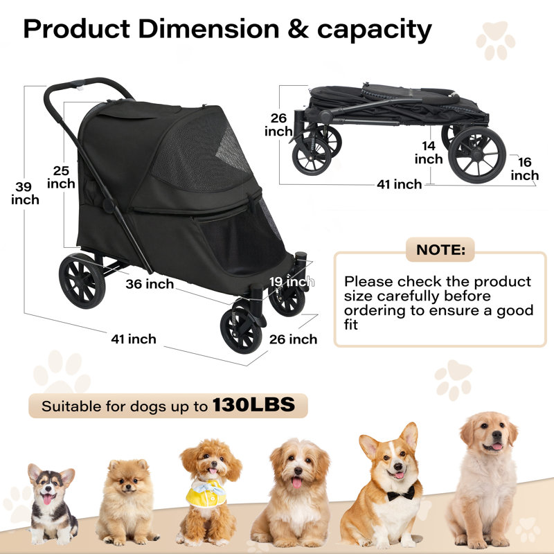 Foldable Pet Stroller Standard Stroller with, Noir