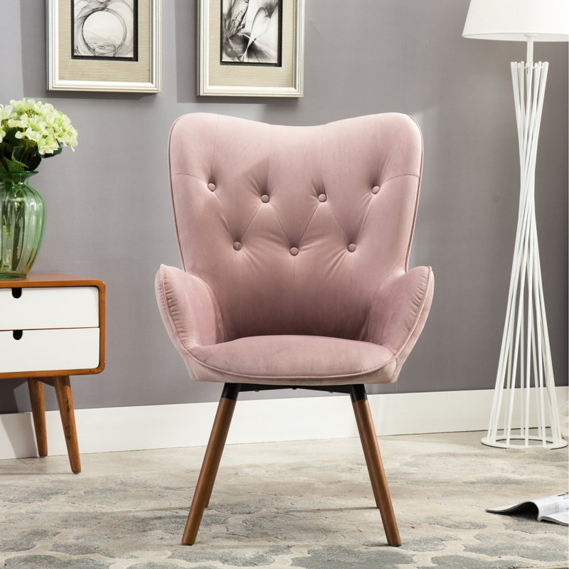 Fauteuil contemporain en velours mauve avec dossier à boutons et pieds en bois massif, Mauve
