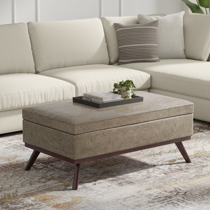 Owen 42"W Upholstered Vegan Leather Mid-Century Modern Rectangular Lift-Top Ottoman With High-Density Foam