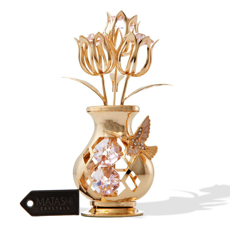 Figurine à fleurs en cristal plaqué or 24 carats gold garniture cloutée, Rose