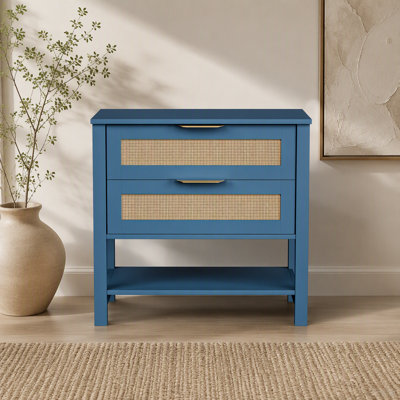 Table de chevet étroite en rotin avec 2 tiroirs et tablette de rangement Boho
