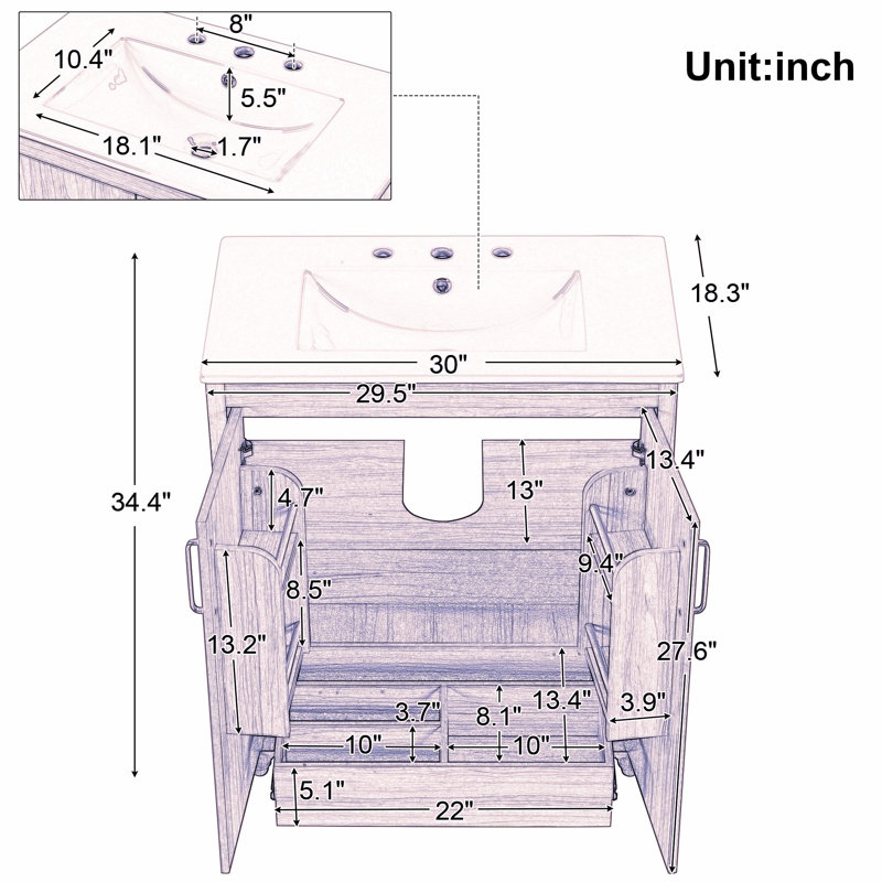 Meuble-lavabo simple 30 po avec plateau en céramique Tolchester