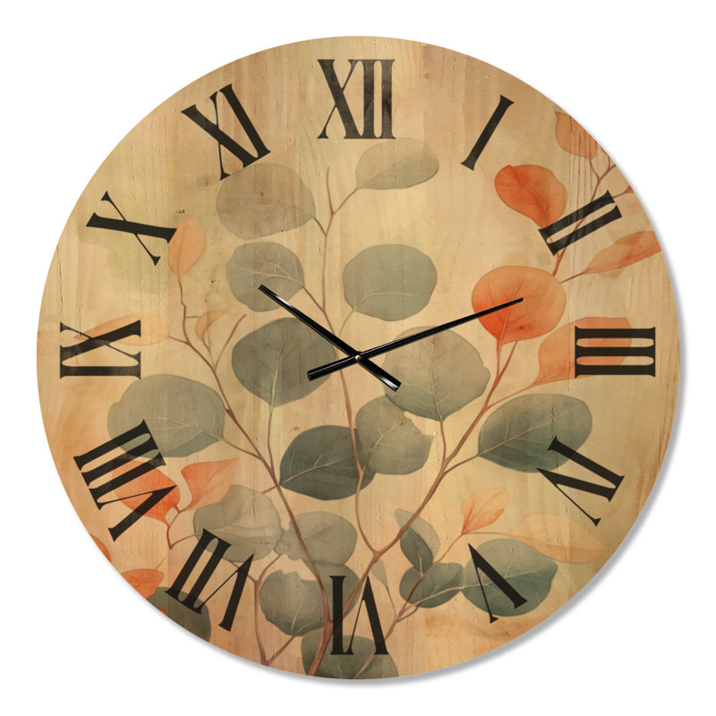 Horloge murale de style campagnard, motif de feuilles d'eucalyptus et d'ambre, imprimée sur bois, Extra Large