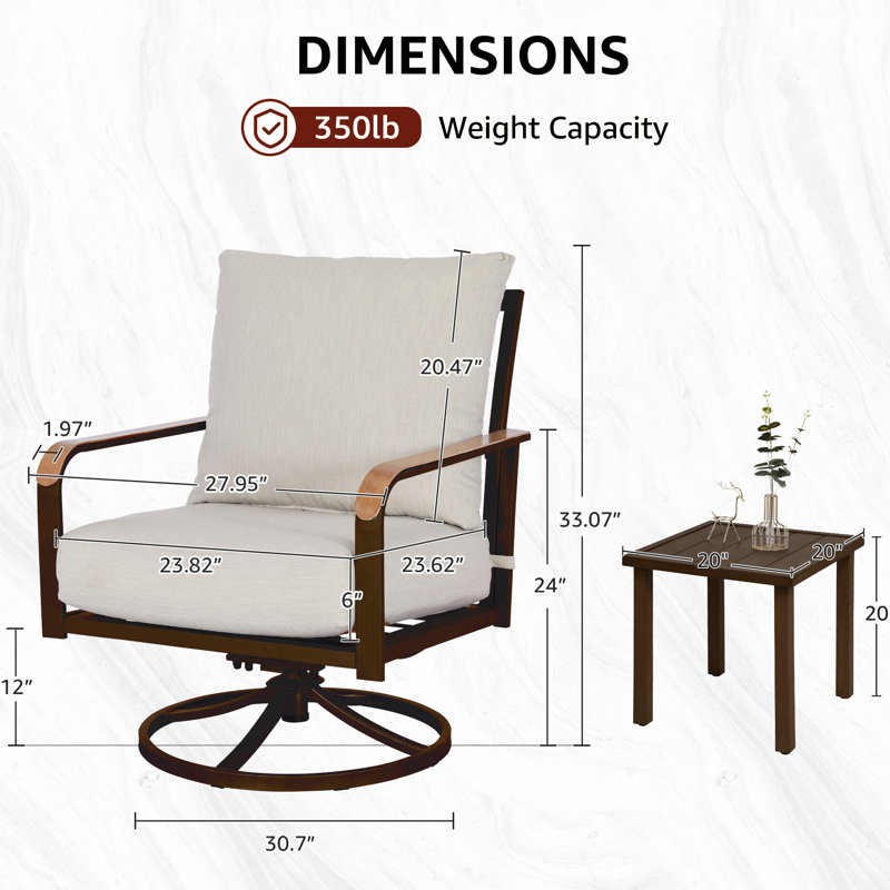 3-Piece Modern Outdoor Conversation Set with Swivel Rocking Chairs and Coffee Table, Featuring 6" Thick Cushions, No