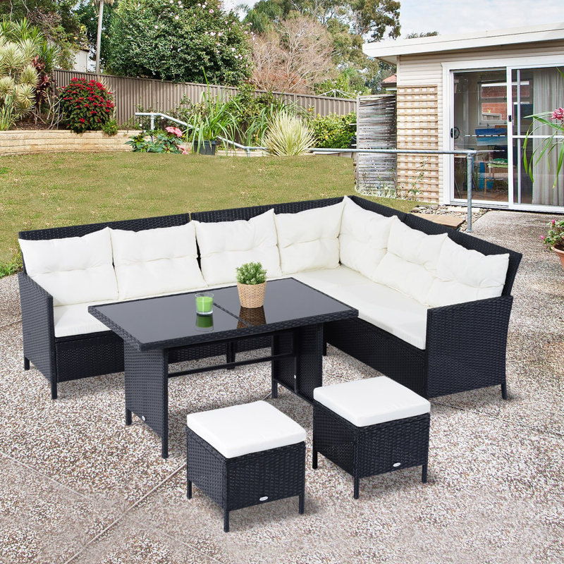 Hayrulla 6 Piece Rattan Garden Furniture Set 8-Seater with Footstools, White/Black