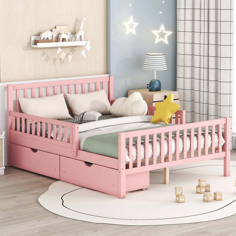 Lit plateforme en bois avec garde-corps des deux côtés et deux tiroirs de rangement, Lit double, Rose
