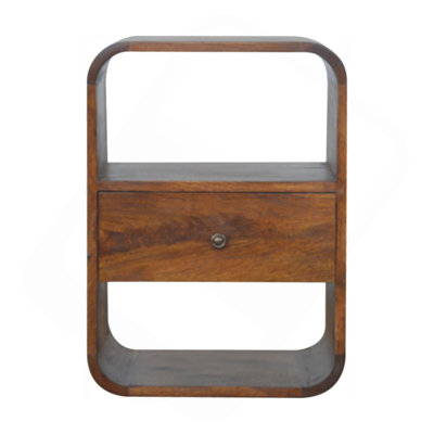 Wood Chestnut Curved Edge Nightstand, 1-Drawer, 2 Open Slots