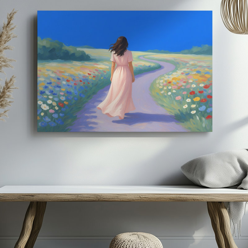 Woman In Pink Dress Walking Through Vibrant Flower Field Decor Canvas Wall Art Print For Living Room, Bedroom, Office, Hallway, Entryway, Gallery Wall And Modern Home Decor