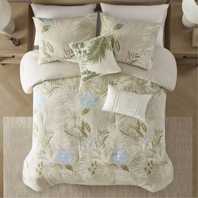 Couette en coton 6 pièces pour un style de vie côtier, taille Queen, rembourrage, imprimé tropical aux nuances variées.