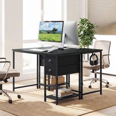 Computer Desk with Charging Station, 2 Fabric Drawers, Storage Shelf Headphone Hook Black