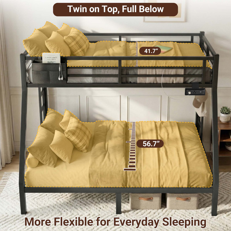 Twin Over Full Metal Bunk Bed with Charging Station, LED and Noise-Reducing Design