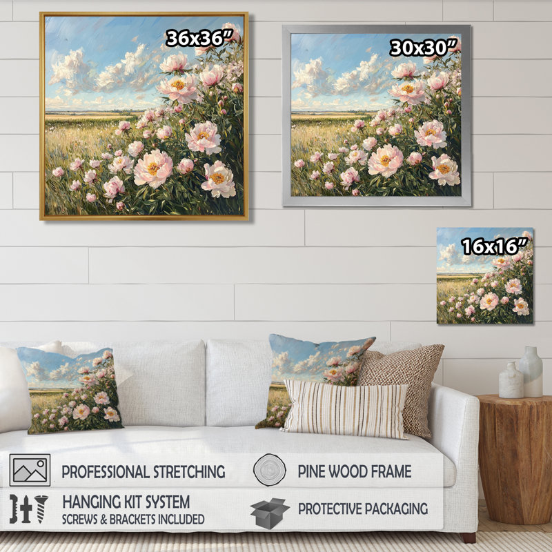 Pivoines à la ferme Edge IV - Pivoines, art mural de salon, H 16 po x l 16 po, Toile tendue, Ne s’applique pas