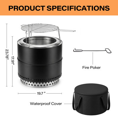 Smokeless Wood‑Burning Fire Pit with Grill & Storage Cover