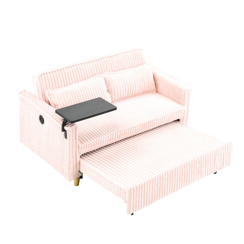Canapé-lit rose en velours côtelé 2 places avec tablette amovible, chargeur intégré, confortable pour le salon