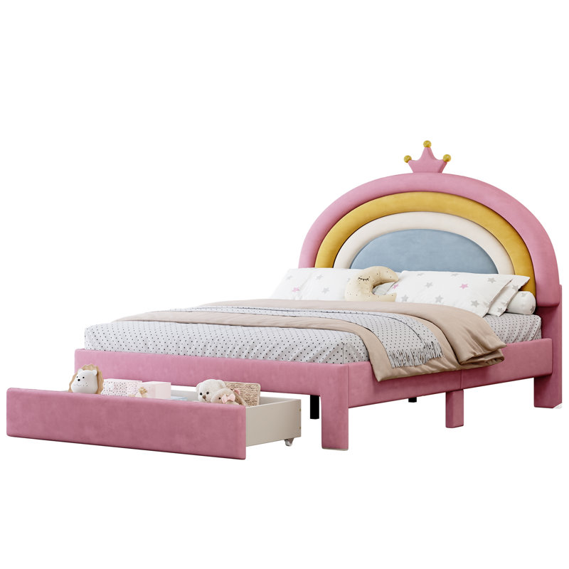 Lit double tapissier arc-en-ciel pleine grandeur, lit plateforme Princess avec tiroir de rangement