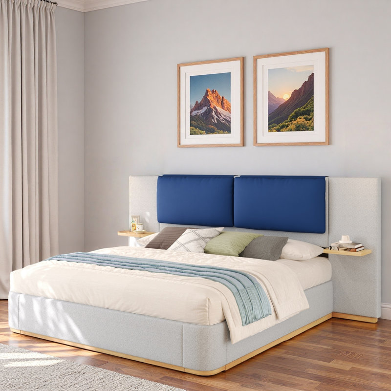 Lit plateforme tapissier avec tablettes, Gris, Très grand lit
