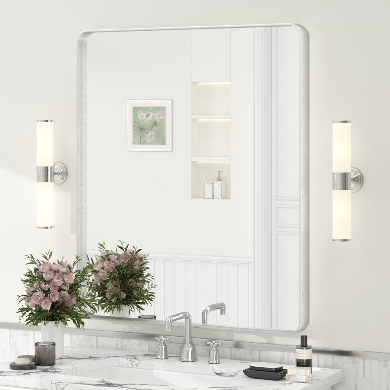 Molly Tempered Glass and Metal Framed French Cleat Mounted Wall Bathroom / Vanity Mirror, 36" x 30", Silver