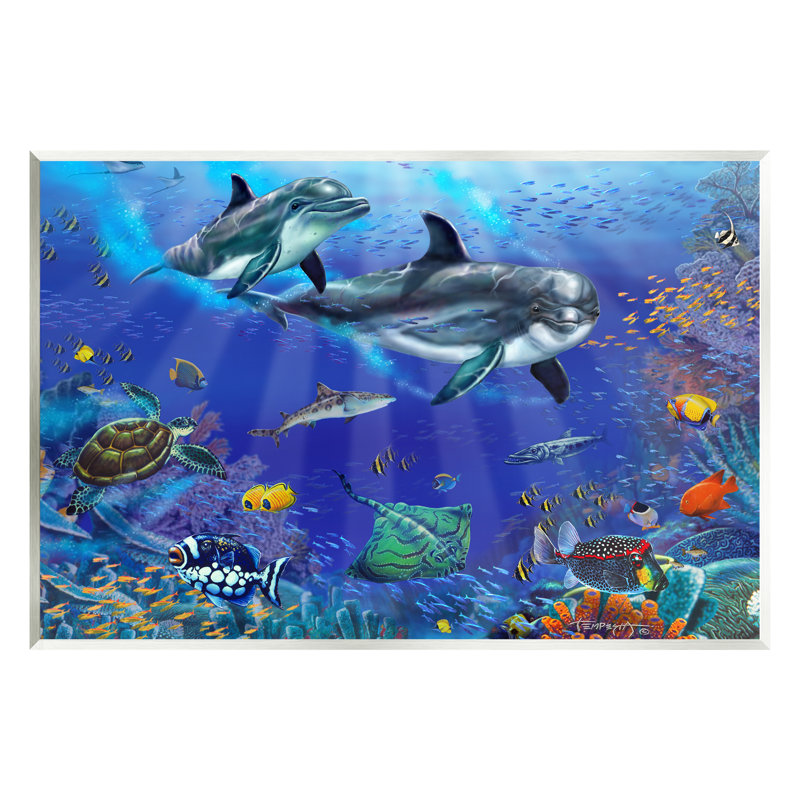 Au-485-Giclée sous-marine, scène de la vie des dauphins par Interlitho, peinture, L 30 po x H 24 po x P 1,5 po