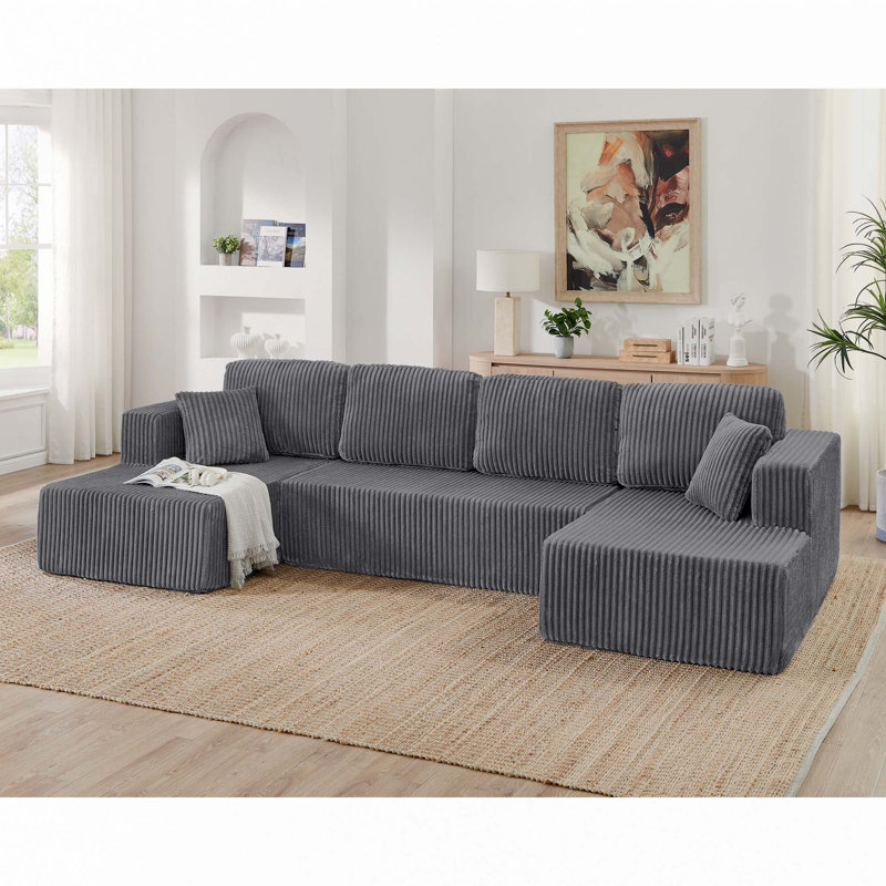Canapé modulaire modulaire, H 25,59 po x l 132,48 po x P 61,02 po, Velours côtelé gris