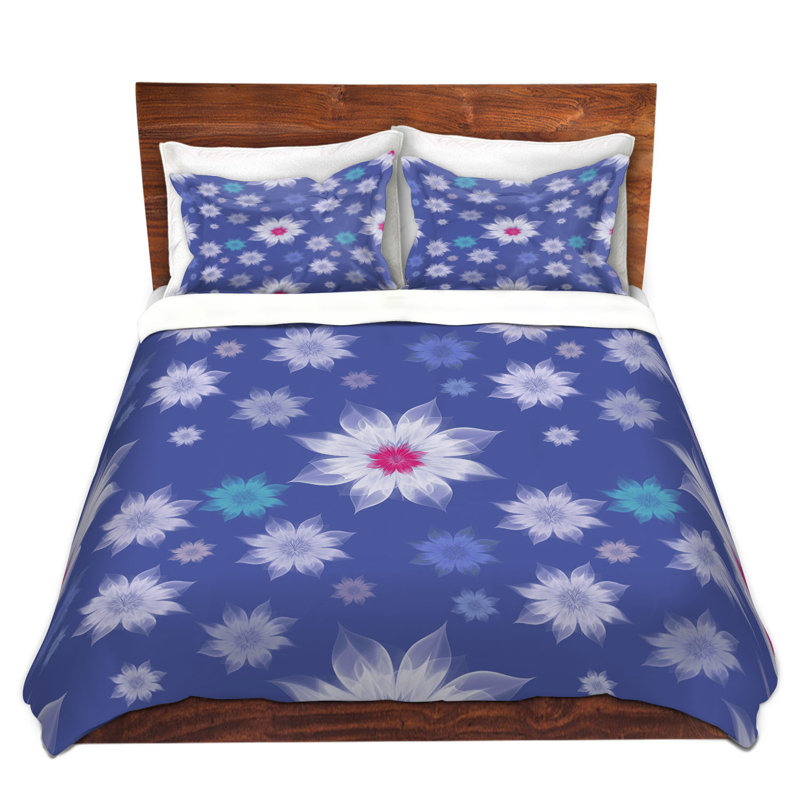 Ensemble de housse de couette en dentelle de fleurs dans un rang, 1 housse simple + 1 taie standard, Blanc / rose / bleu