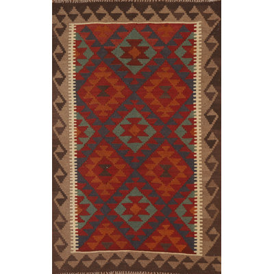 Tapis oriental marron en laine tissé à plat à la main à motif rectangulaire 3 pi 2 po x 4 pi 10 po Guiomar