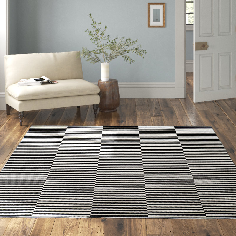 Ilona Striped Handmade Flatweave Cotton Ivory/Black Area Rug, Rectangle 11' x 15'