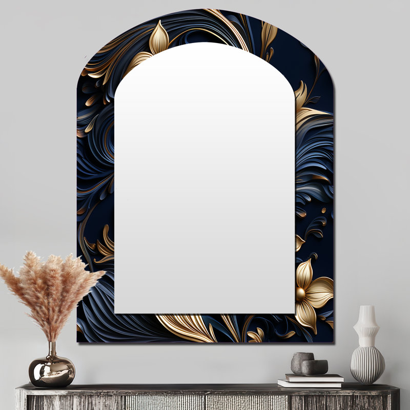 Opulent Allure Deep Navy - miroir mural unique en forme d'arche damassé, miroir asymétrique bohème, impression d'art en métal