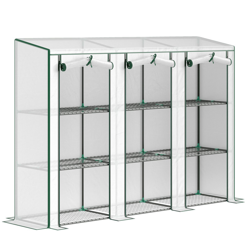 Mini serre Lean-to avec 3 tablettes à 3 niveaux, 3 portes à enroulement, Vert