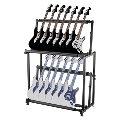 Présentoir pour 14 guitares - Étagère de sol réglable à 2 niveaux avec supports en mousse souple - Présentoir métallique pliable pour guitares acoustiques, électriques, basses et ukulélés - Organisateur détachable et peu encombrant pour la maison, le studio et les expositions