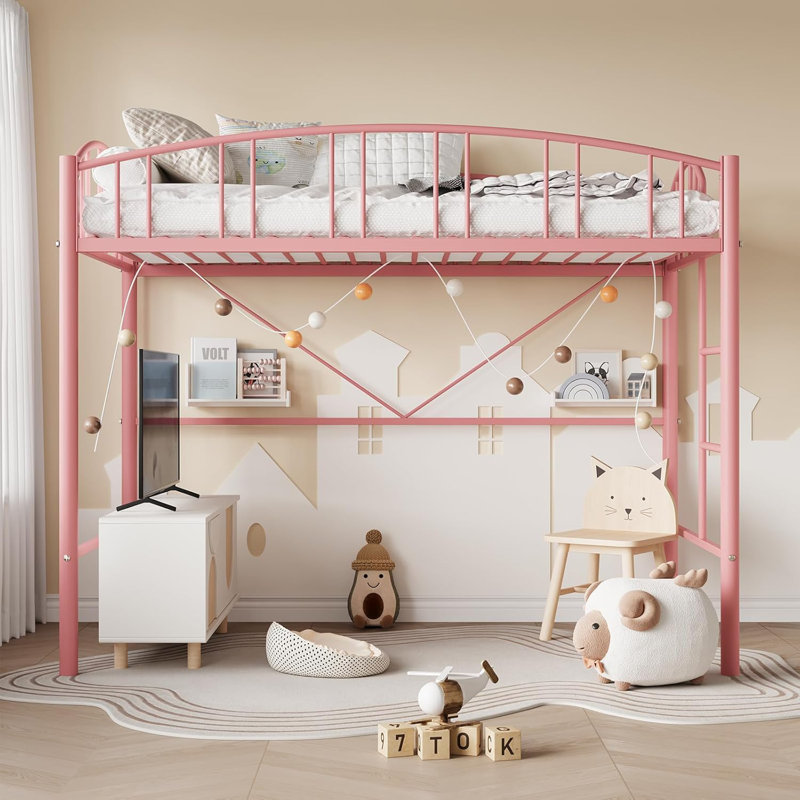 Lit mezzanine simple en métal avec échelle et garde-corps arqué, peu encombrant, rose, Rose