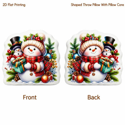 Festive Snowman with Presents And Evergreen Pillow Christmas Gift 2D Flat Printing Shaped Stuffed Throw Pillow Decorative Cushion for Bedroom Sofa Living Room Christmas Party Gift And Seasonal Holiday Decor 45cm