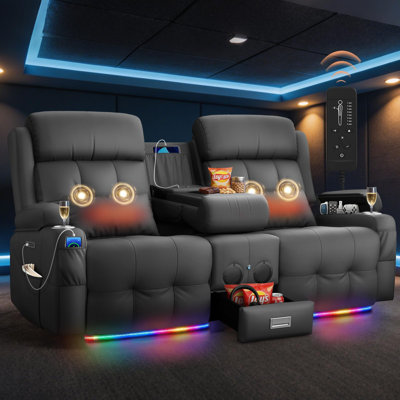 Wall Hugger Power Reclining Loveseat Sofa with Console, Faux Leather RV Recliner,Home Theater Seatingwith Heating & Massage, Bluetooth Speaker, LED Light, USB & Type-C Ports, Storage Armrests